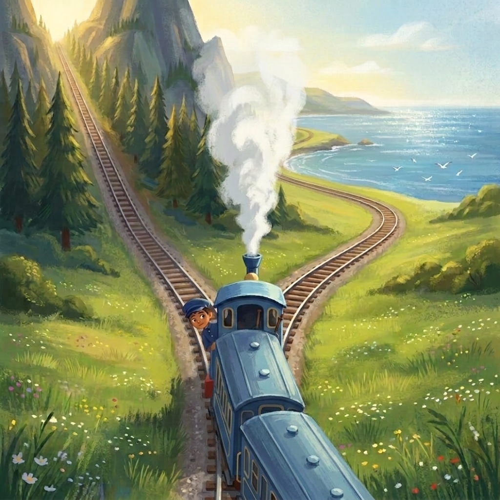 The track splits in two! One way climbs into piney mountains where woodpeckers tap. The other curves along the sparkling seaside where waves whoosh and gulls swoop. Both lead to Sunflower Station. You're the conductor — which way will you steer the Bluebird?
