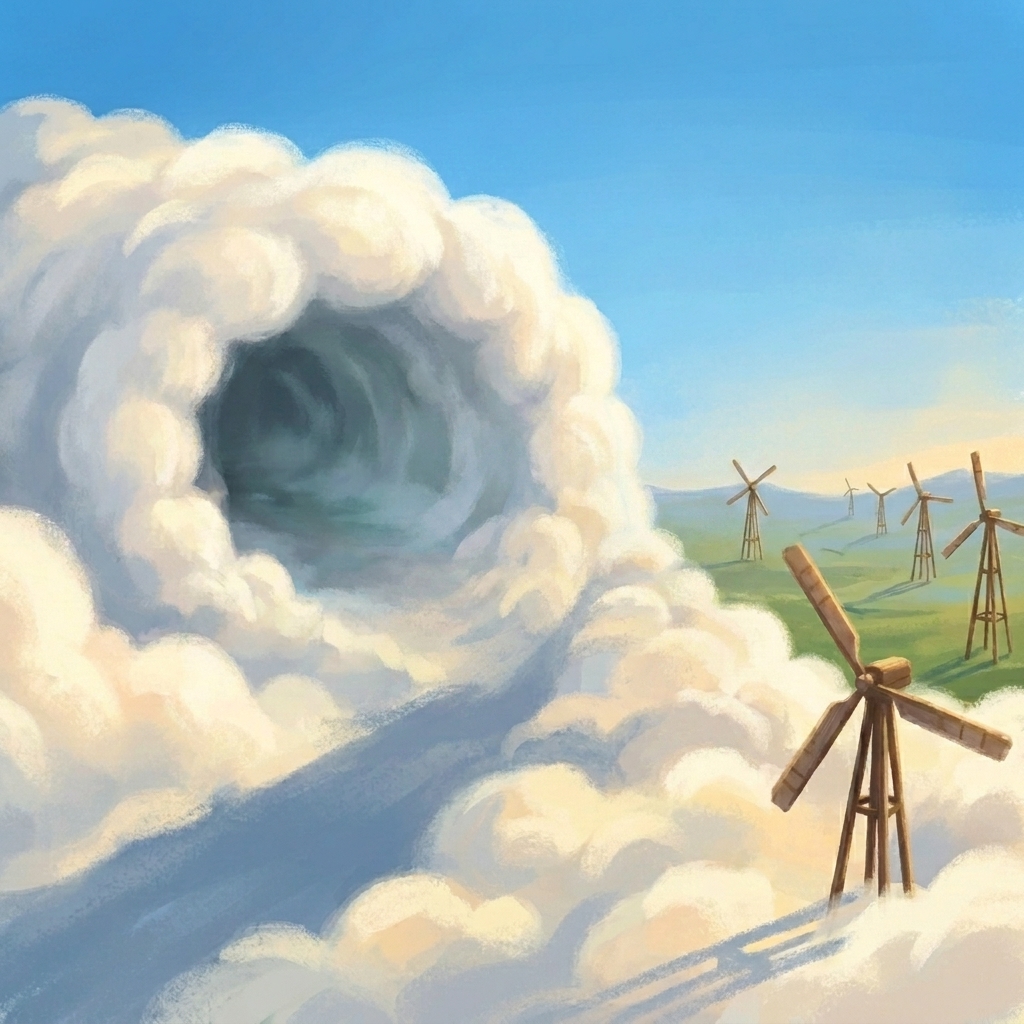 The course split in two! One path led up, up, up to the Cloud Tunnel — a fluffy white tube of cloud you fly through in the cool, misty quiet. The other path swooped down to Windmill Alley, where friendly windmills spun and you dodge between their slow, swishing arms. Which way should Stella fly?