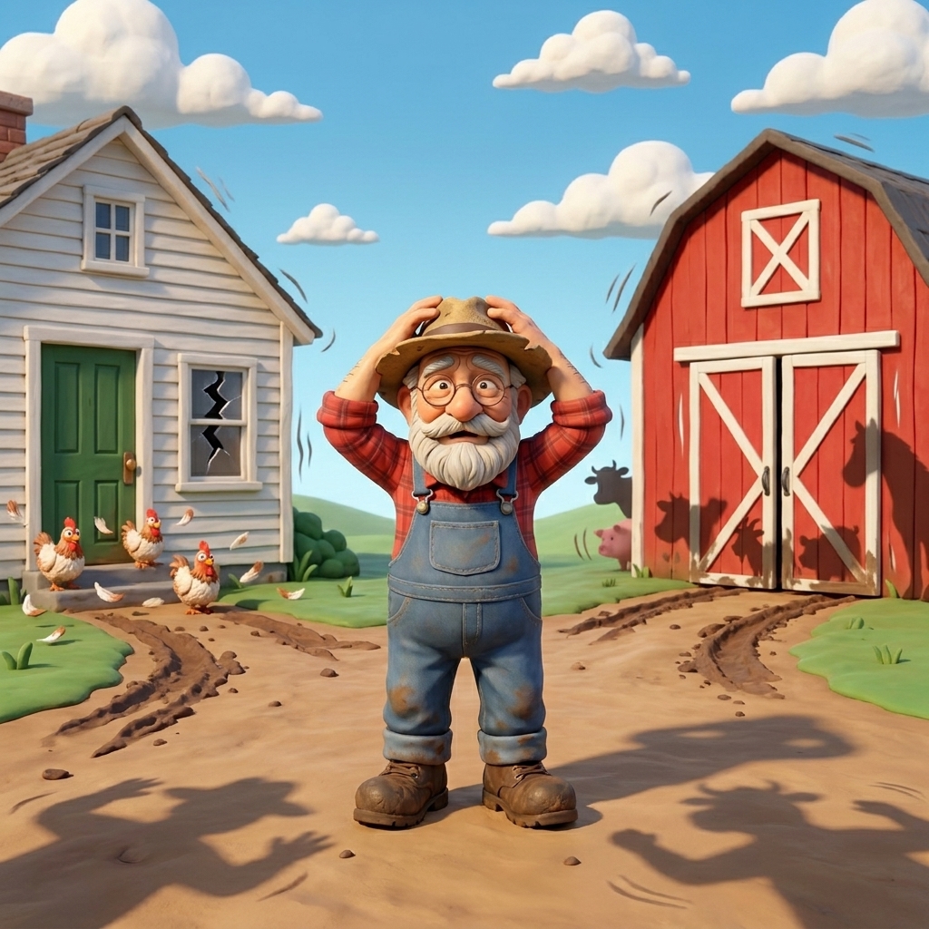 A crash from the farmhouse and noises from the barn. Where does MacDonald go first?
