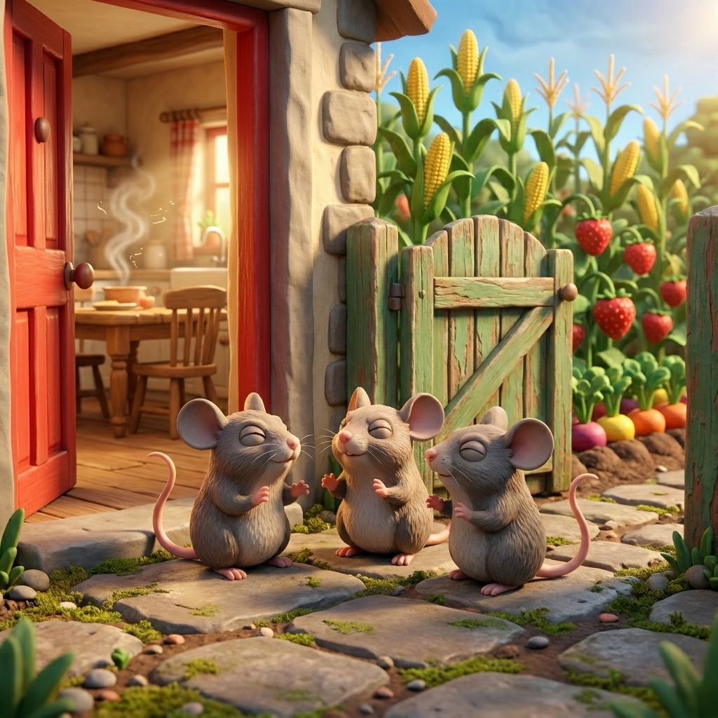 The warm cozy kitchen, or the great green garden outside. Where do the three mice go?