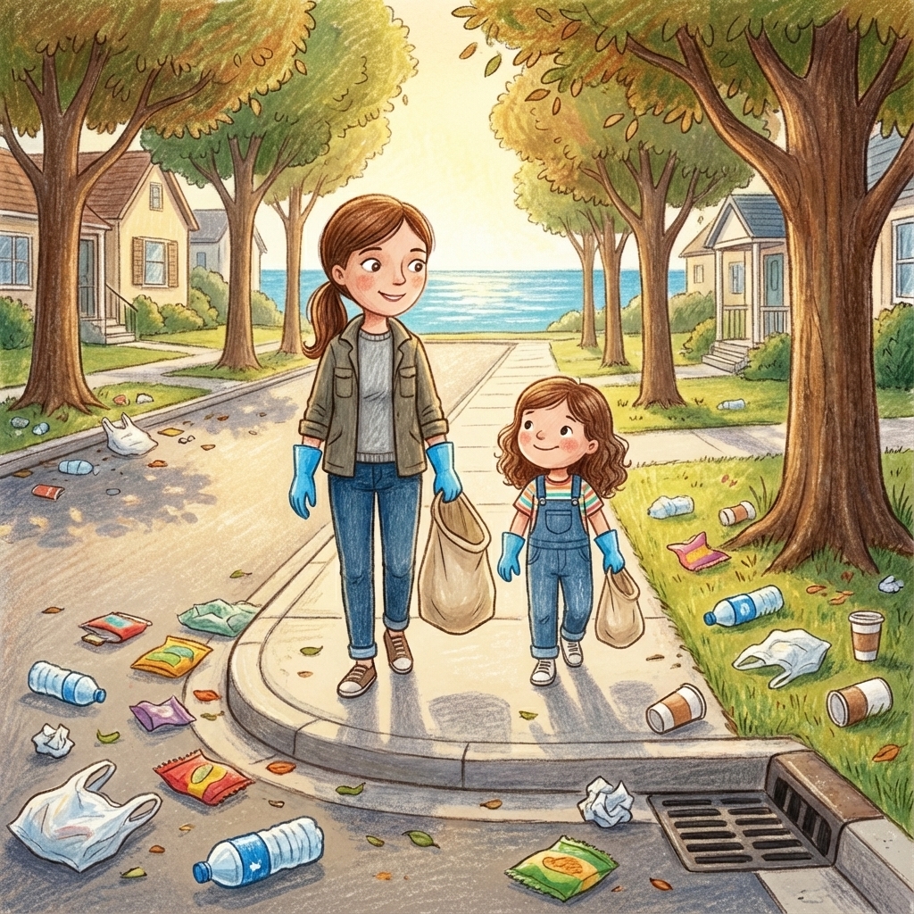 Sarah and Mom stepped outside with their bags. The breeze carried salty sea air. Sarah looked around at all the litter scattered about. What should she look for first?