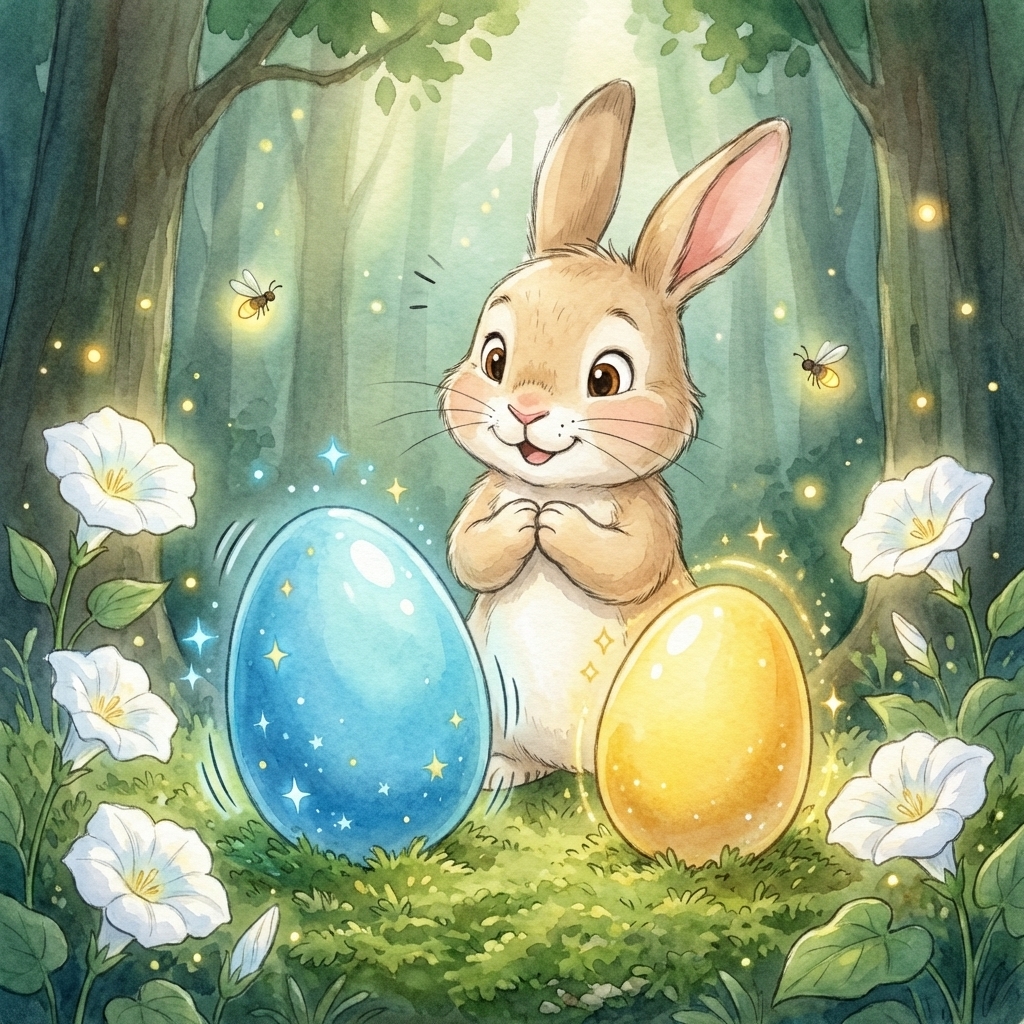Two magical eggs! The blue one buzzes and wobbles like it wants to jump. The yellow one hums softly and seems to shimmer smaller and smaller. Which egg should Benny pick up?