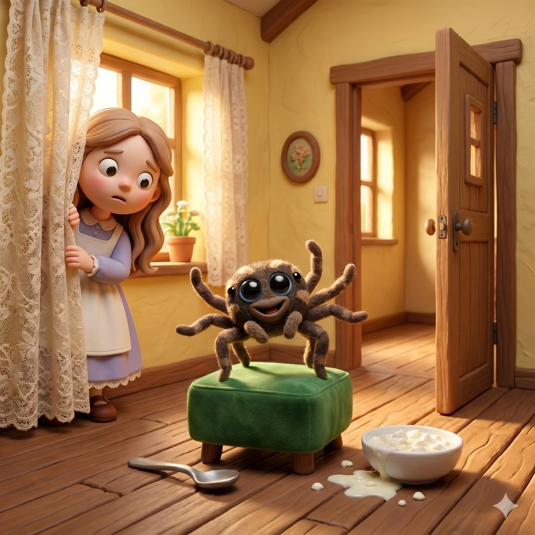 The spider is dancing on the tuffet and the door is wide open. What is Muffet going to do?