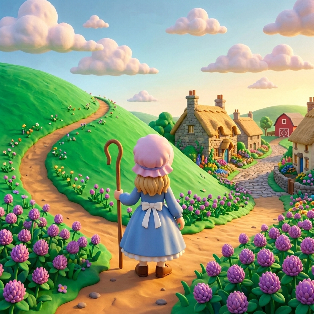 The trail goes up the grassy hill and down toward the village. Where does Bo Peep go?