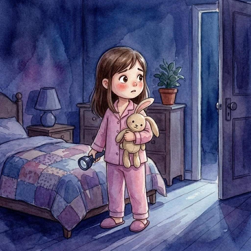Then... THUMP! Somewhere in the dark. Millie grabbed her flashlight and Mr. Bunny. Which way should Millie go?