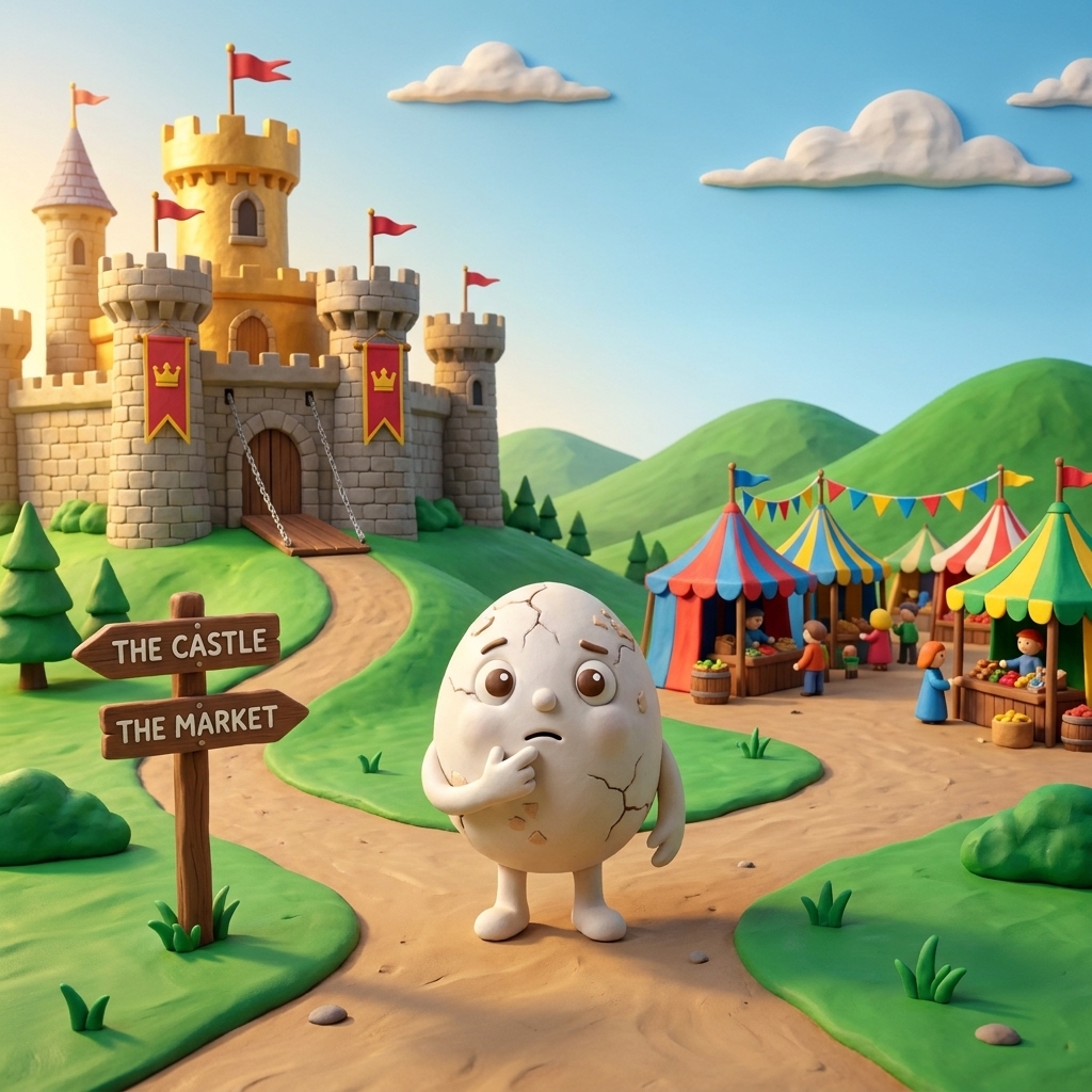 A castle and a busy market. Where is Humpty running?